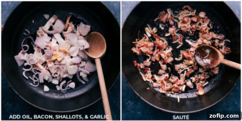 This Frozen Peas recipe is a total show-stopper! Recipe via chelseasmessyapron #sidedish #best #quick #easy #simple #bacon #frozenpeas #recipe Process shots showing shallots, bacon, and garlic being cooked together in a large pan to build flavor.