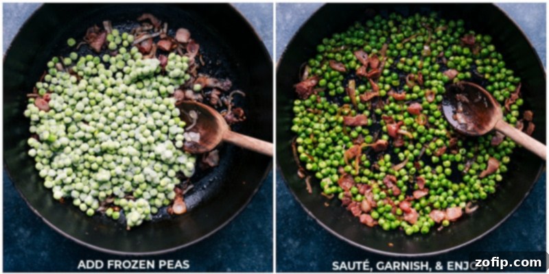 This delicious Frozen Peas recipe is a total show-stopper! With crisp bacon, caramelized shallots, and a touch of garlic--you'll never want frozen peas any other way! Recipe via chelseasmessyapron #sidedish #best #quick #easy #simple #bacon #frozenpeas #recipe Process shots showing frozen peas being added to the pan with cooked bacon, shallots, and garlic, and stirred together.