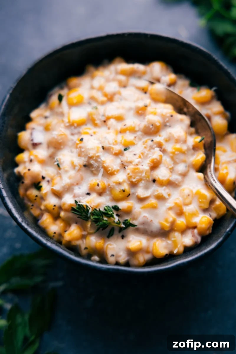 Overhead view of a bowl of creamy, cheesy creamed corn with bacon bits and fresh herbs, ready to be served