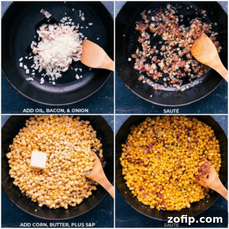 Step-by-step images showing olive oil, diced bacon, chopped onion, frozen corn, and butter cooking together in a large pan for creamed corn