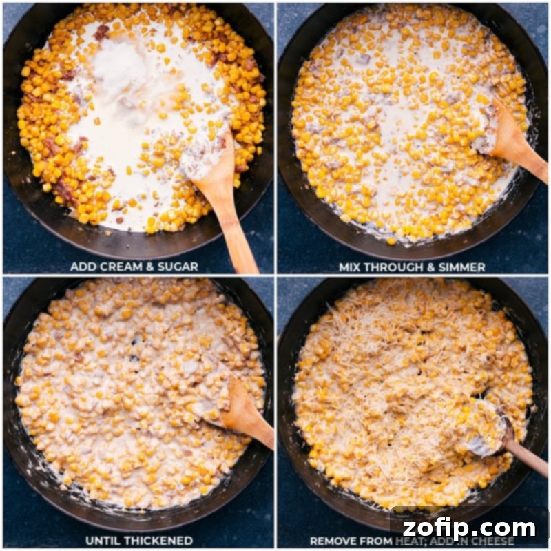 Process shots showing cream, sugar, and grated Parmesan cheese being added to the cooked corn mixture in a pot