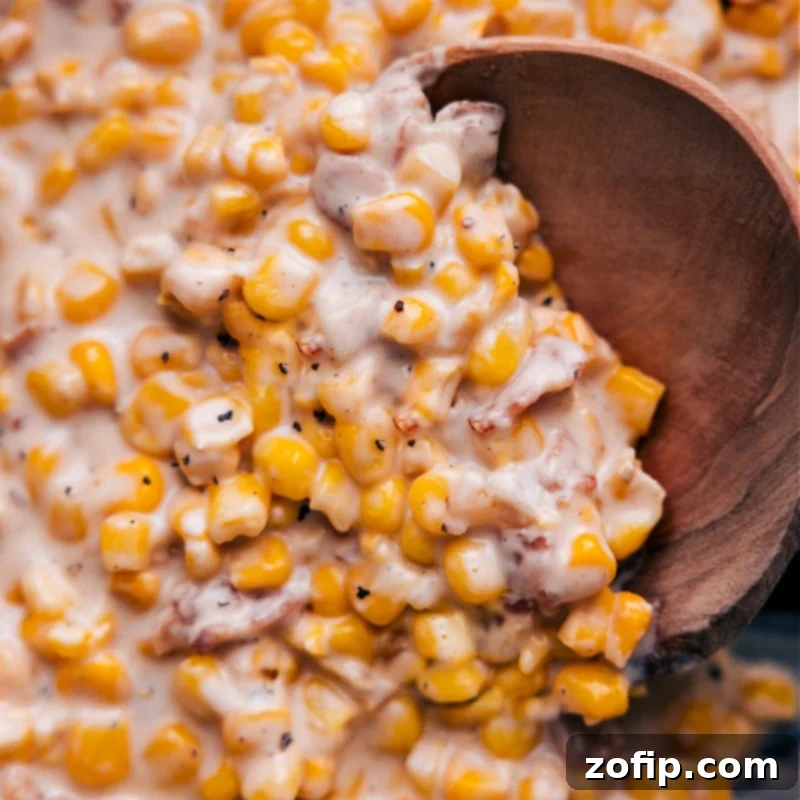 Close-up overhead image of a bowl of homemade creamed corn, garnished with fresh herbs, ready to be enjoyed