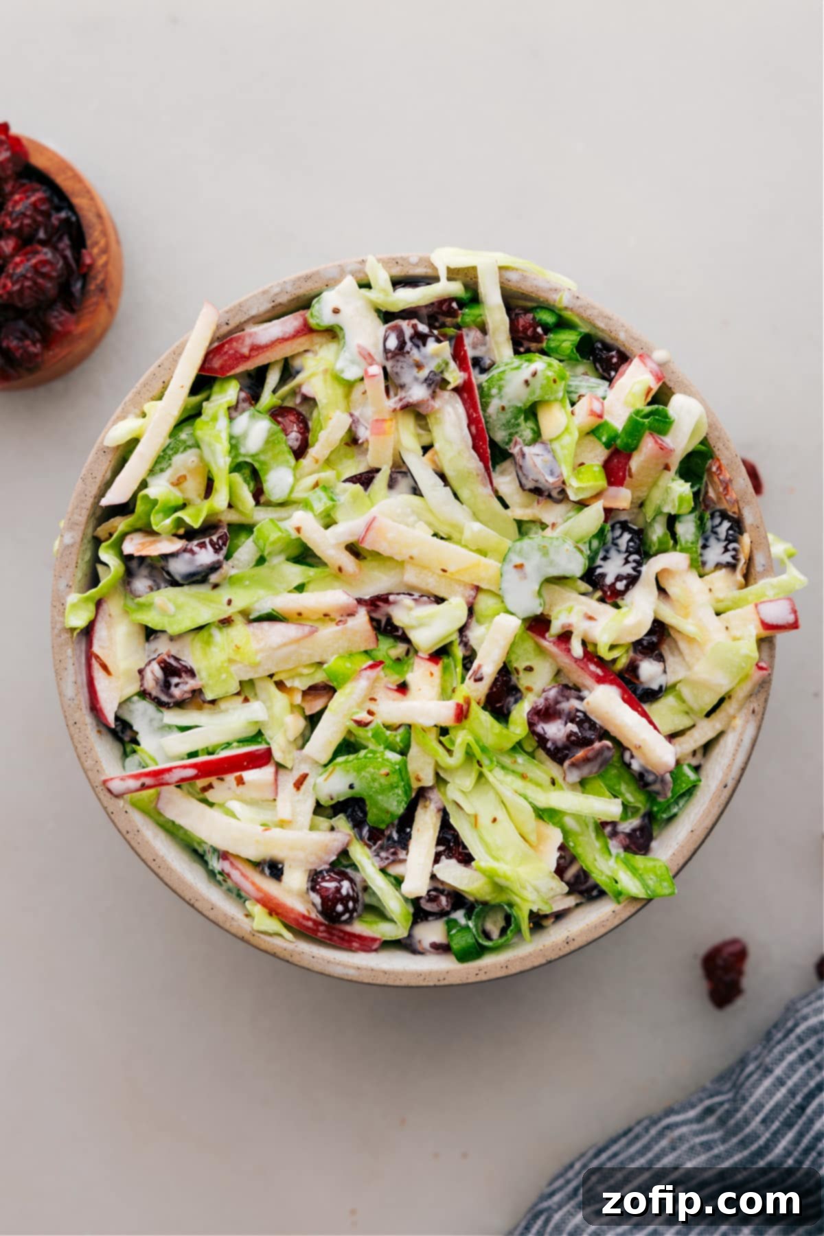 Dressed apple coleslaw in a bowl is ready to serve. A vibrant mix of green cabbage, red apple slices, and cranberries.