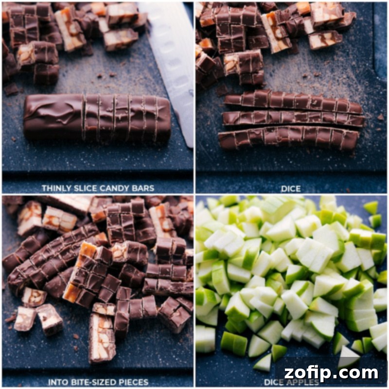 Process images showing Snickers bars and Granny Smith apples being chopped for Snickers Salad preparation.