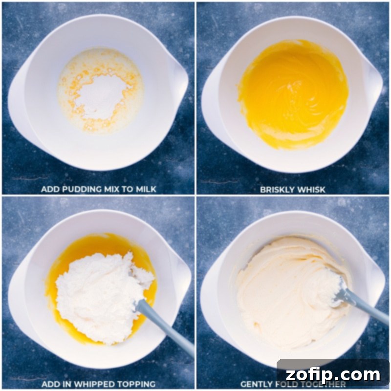 Process images showing instant vanilla pudding and milk being whisked, then thawed whipped topping being folded in for Snickers Salad.