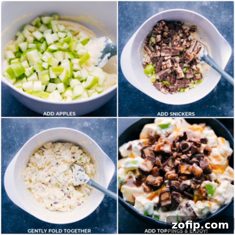 Process images showing diced Snickers bars and chopped Granny Smith apples being gently folded into the creamy vanilla pudding and whipped topping mixture in a large bowl.