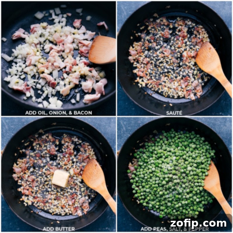 Initial cooking steps for Creamed Peas: Sautéing bacon and onions to build a flavorful base. Process shots showing olive oil being heated, followed by diced onion and bacon being added to a large pan for Creamed Peas preparation.