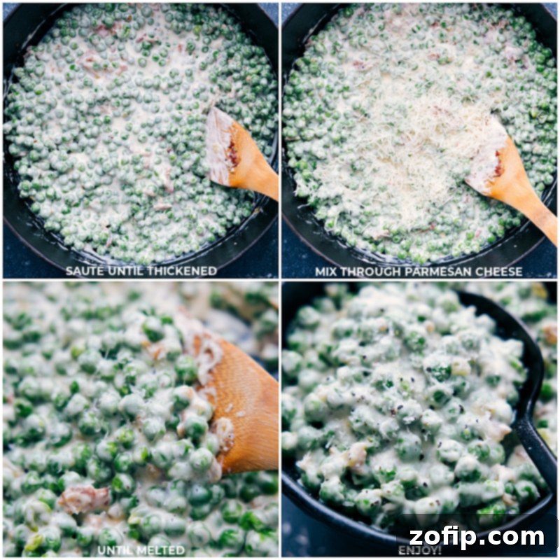 The creamy Parmesan sauce reaches its perfect consistency as it's mixed with the tender peas. Process shots illustrating the final stages of Creamed Peas preparation: the cream sauce thickening in the pan and freshly grated Parmesan cheese being folded in.
