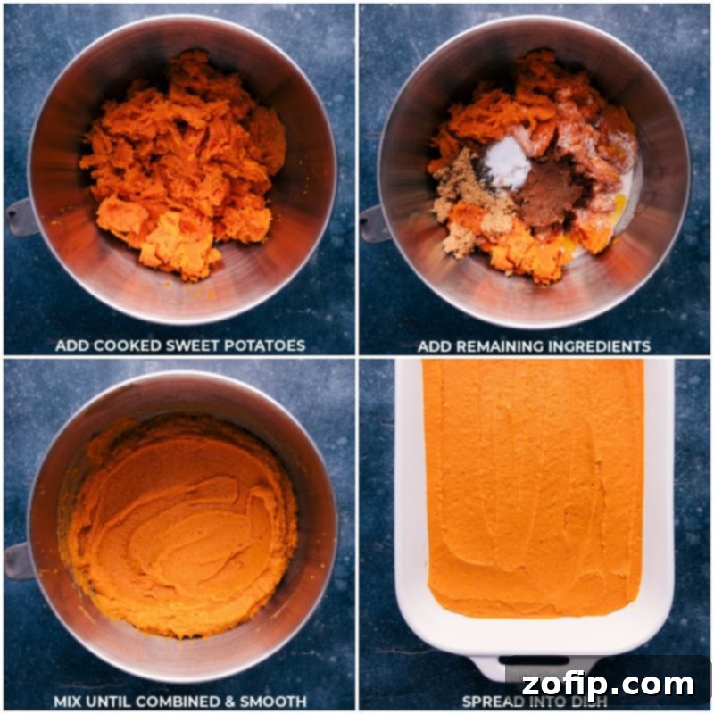 Mixing Ingredients for Creamy Sweet Potato Casserole Base Process shots showing various ingredients being added to a stand mixer for the sweet potato base, demonstrating the preparation steps.