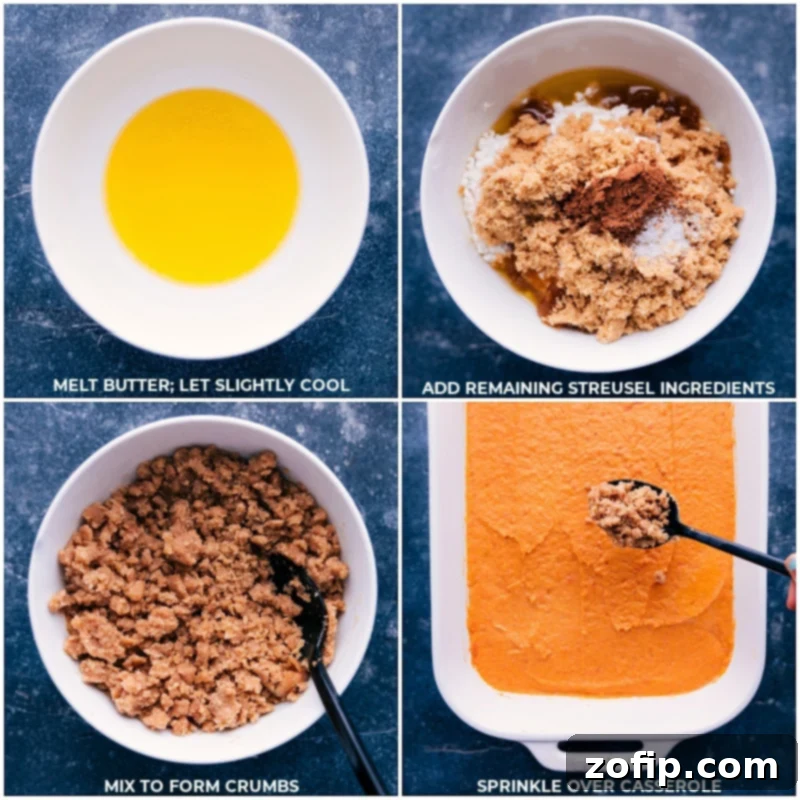 Sprinkling Buttery Streusel Over Sweet Potato Casserole Close-up process shot of the streusel topping being sprinkled evenly over the creamy sweet potato base in a baking dish before baking.