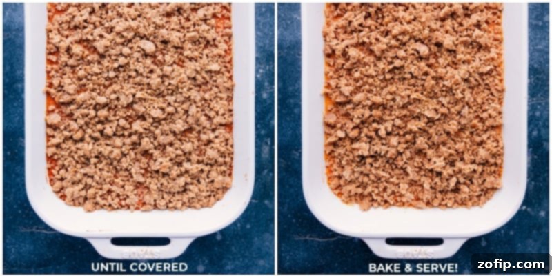 Sweet Potato Casserole Baking to Golden Perfection Close-up view of the sweet potato casserole baking in the oven, with the streusel topping turning golden brown and bubbling slightly.