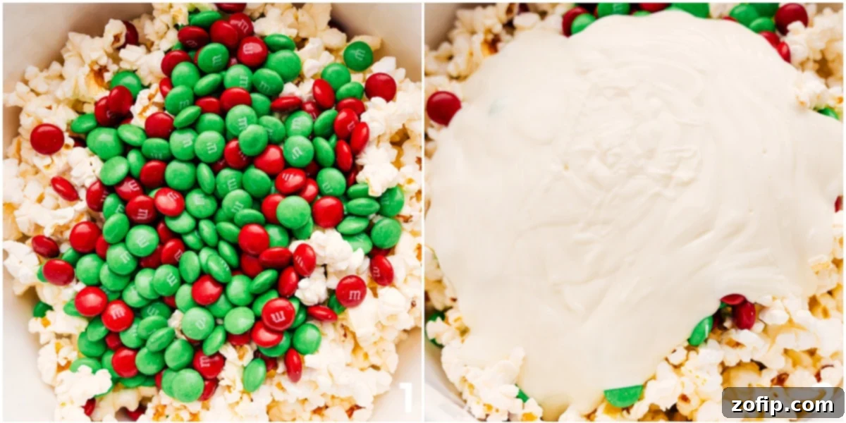White Chocolate Christmas Popcorn Recipe Pour M&Ms and white chocolate over the popcorn to make this Christmas popcorn.