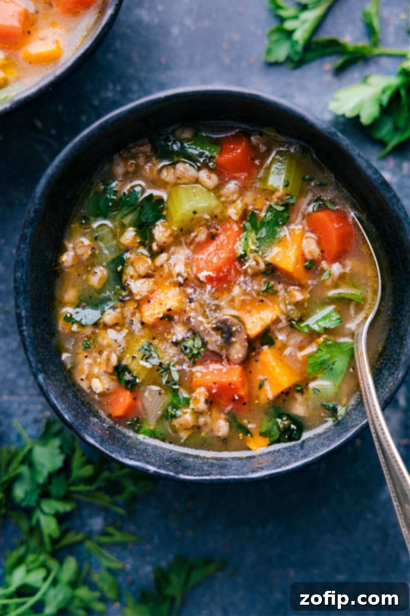A beautifully presented, steaming bowl of hearty Farro Soup, garnished with a generous sprinkle of fresh green herbs and grated Parmesan cheese, ready to be enjoyed. The soup is rich with the texture of farro and various colorful vegetables, served next to slices of crusty bread for dipping.