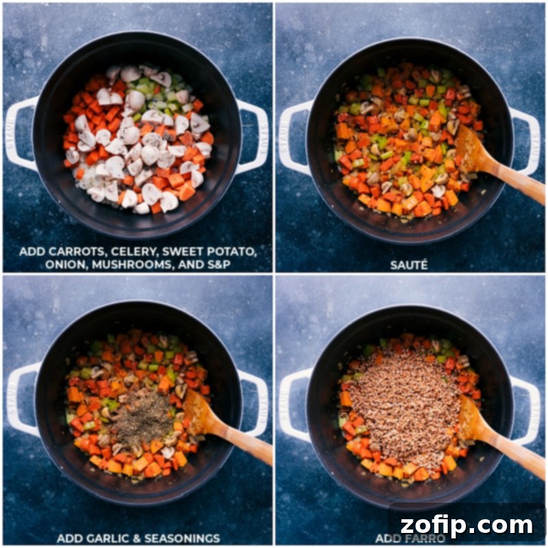 A visual sequence demonstrating the initial steps of making Farro Soup: first, fresh, colorful vegetables are added to a large pot; then, minced garlic and a blend of aromatic seasonings are incorporated; finally, rinsed pearled farro is stirred in, illustrating the process of building the soup's foundational flavors.