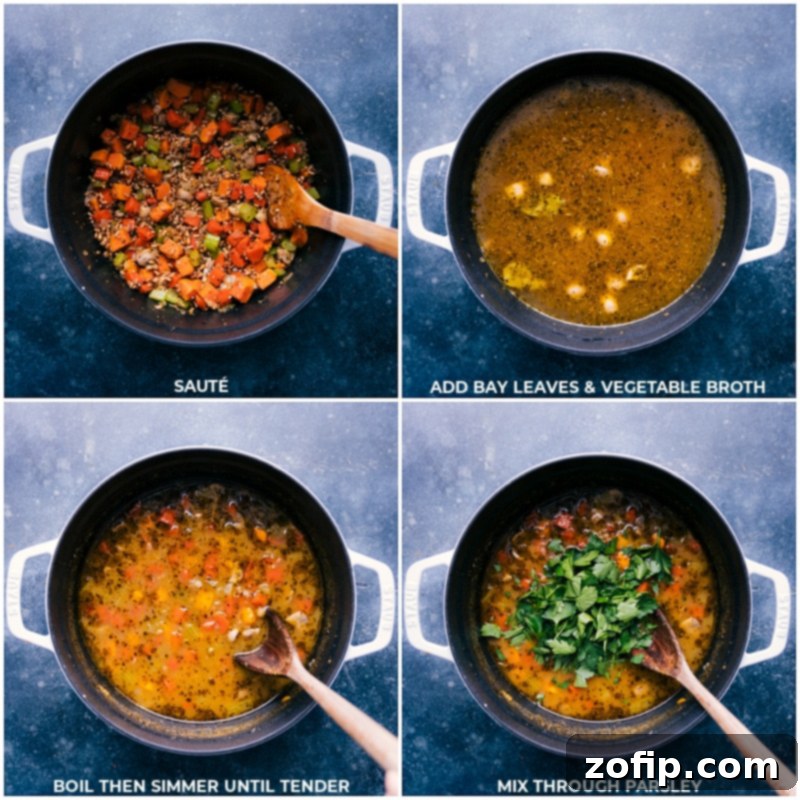 A visual demonstration of the final stages of preparing Farro Soup: adding dry bay leaves to the rich vegetable broth, allowing it to simmer, and then stirring in a vibrant sprinkle of fresh parsley, highlighting the creation of a wholesome and delicious meatless soup.