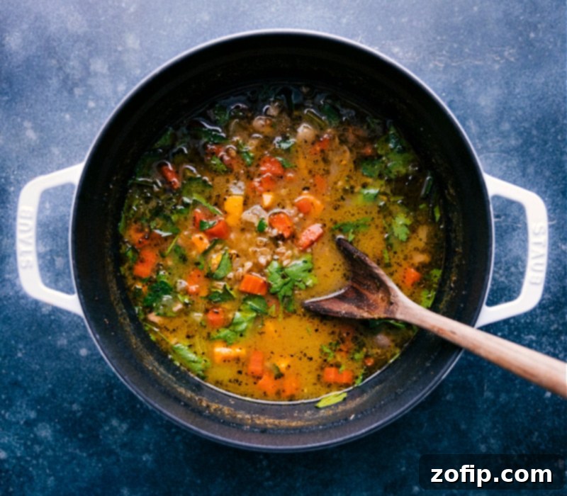 A large, rustic pot filled to the brim with steaming, hearty Farro Soup, showcasing its rich texture and the vibrant colors of perfectly cooked vegetables and farro, ready to be served and enjoyed as a complete one-pot meal.