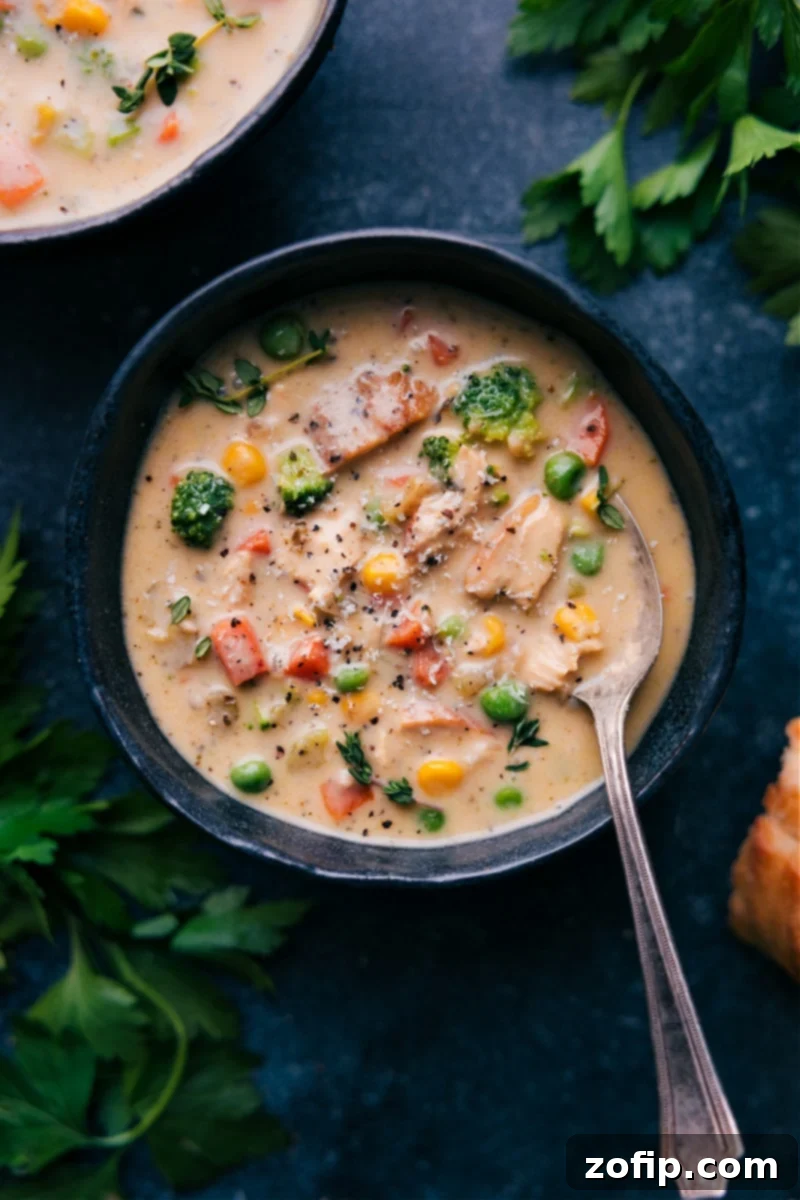 Overhead image of a bowl of thick and creamy chicken soup, garnished with fresh herbs, ready to be served with crusty bread.
