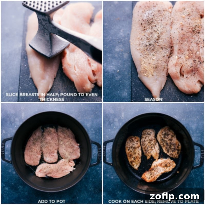 Process images showing chicken breasts being sliced, seasoned, and seared to a golden brown in a large pot, indicating the start of the creamy chicken soup preparation.