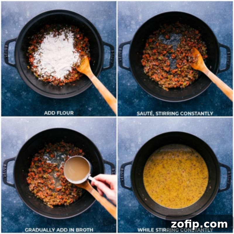Process images showing flour and chicken broth being added to the sautéed vegetables in the pot, forming the rich base for the creamy chicken soup.
