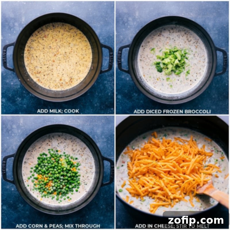 Process images showing the vibrant addition of frozen broccoli florets, corn, and peas, along with shredded sharp cheddar cheese, into the simmering creamy chicken soup.