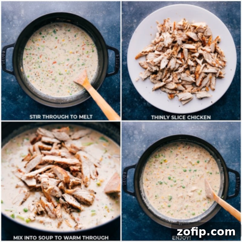 Process images showing the cooked and sliced chicken being returned to the creamy soup, ready for a final stir and serving.