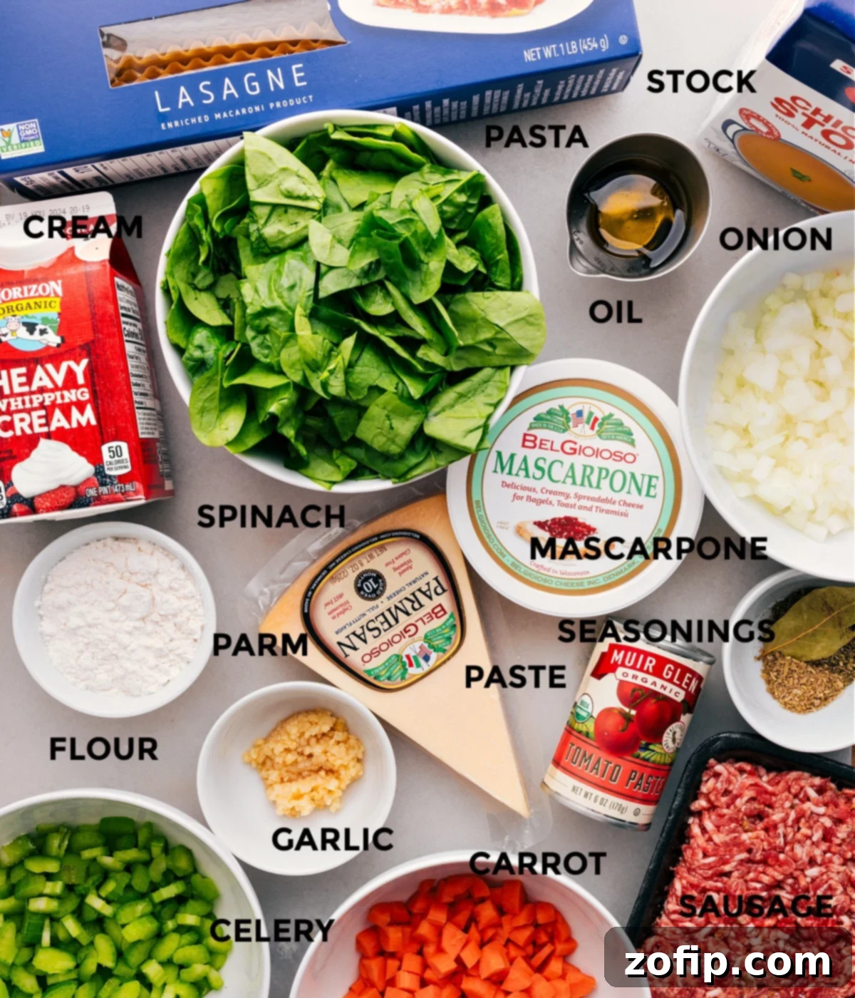 Essential Ingredients For Lasagna Soup All the fresh ingredients for homemade lasagna soup, neatly prepped and arranged for easy cooking.