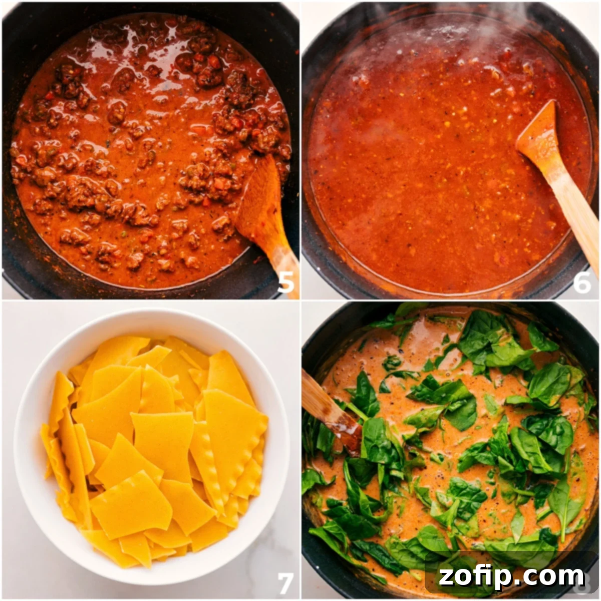 Simmering The Lasagna Soup To Perfection The delicious lasagna soup simmering on the stovetop, ready for pasta and spinach to be added for a complete meal.