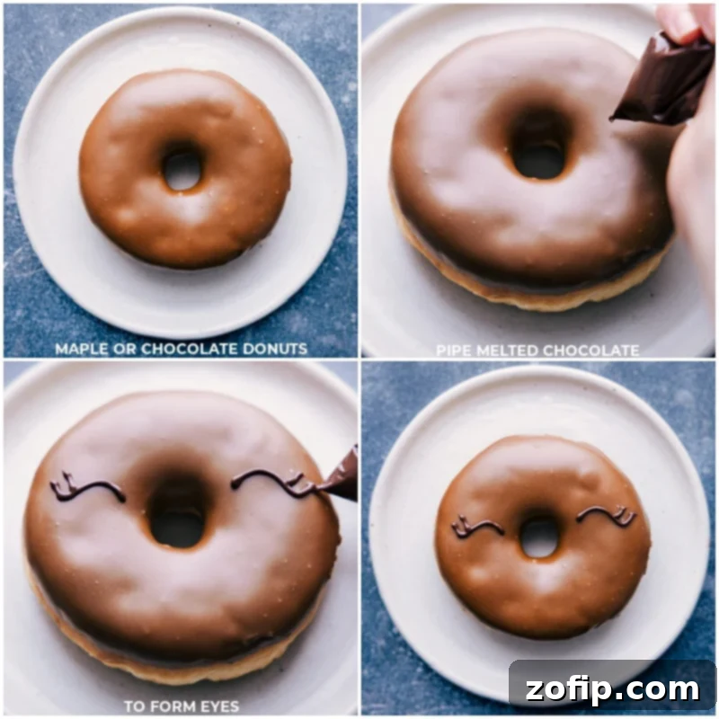 Watch the Rudolph Reindeer Christmas Donuts come to life as chocolate eyes are carefully piped. Process shot of Christmas Donuts: showing chocolate eyes being piped onto each donut, a key step in creating Rudolph reindeer treats.