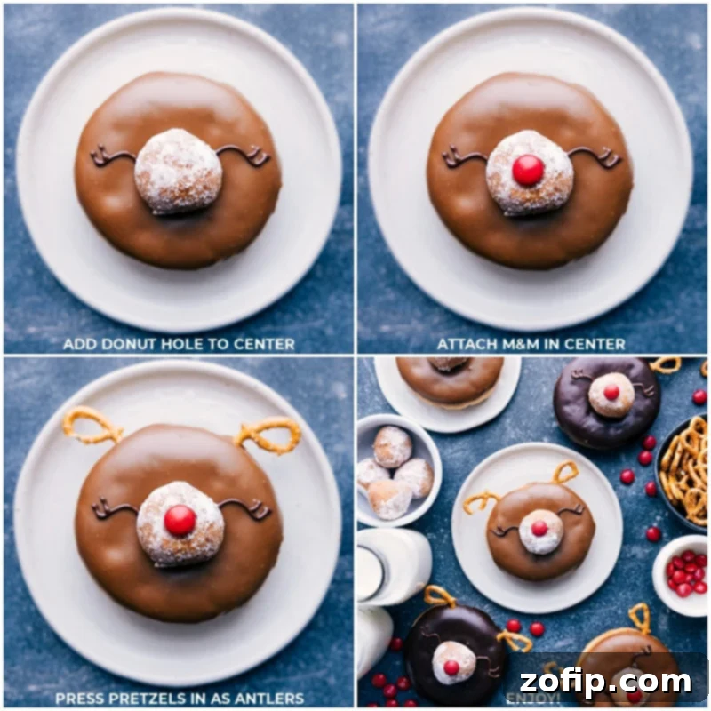 Assembling the final touches: pretzels for antlers and a red M&M for Rudolph's nose, bringing these Christmas Donuts to life. Process shots of Christmas Donuts: showing all the parts being assembled for these treats, including pretzels for antlers and M&Ms for the nose.