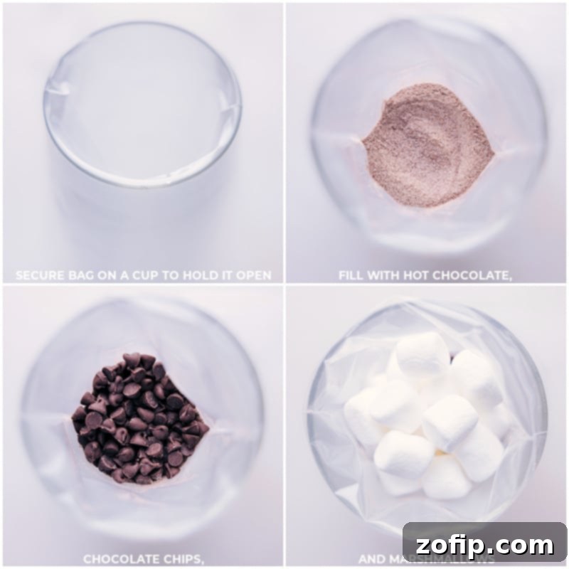 Process images showing layers of hot chocolate mix, chocolate chips, and marshmallows being carefully added to cellophane bags.
