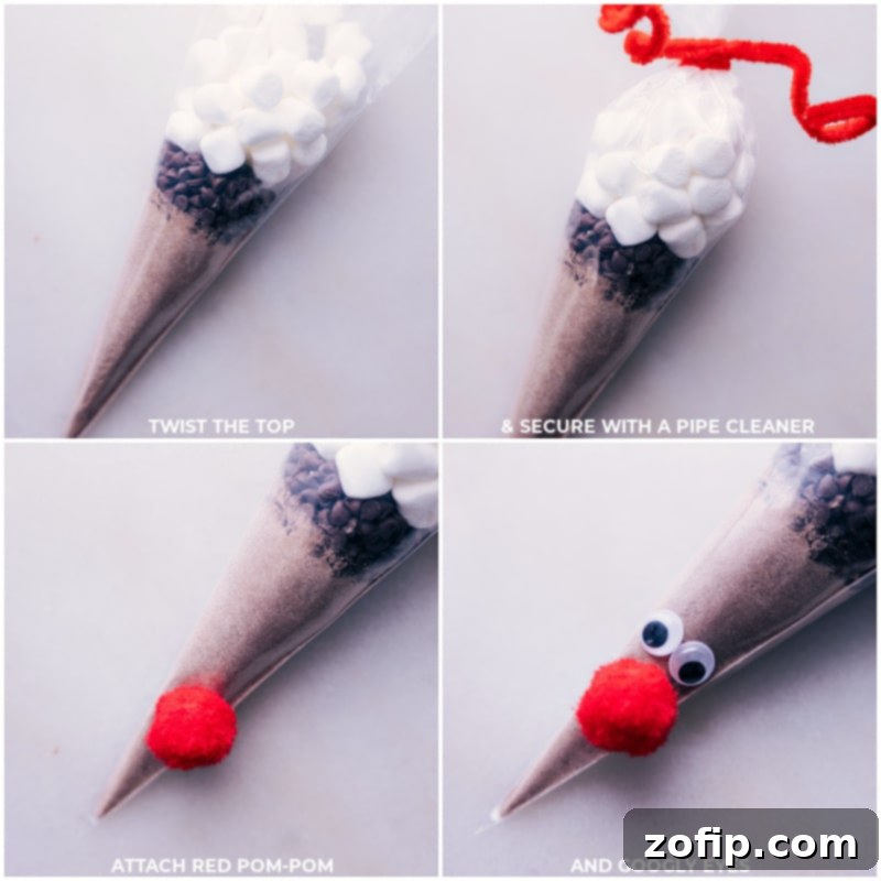 Process images showing pipe cleaners being twisted into antlers, and the red pom pom nose and googly eyes being attached to a Reindeer Hot Chocolate bag.