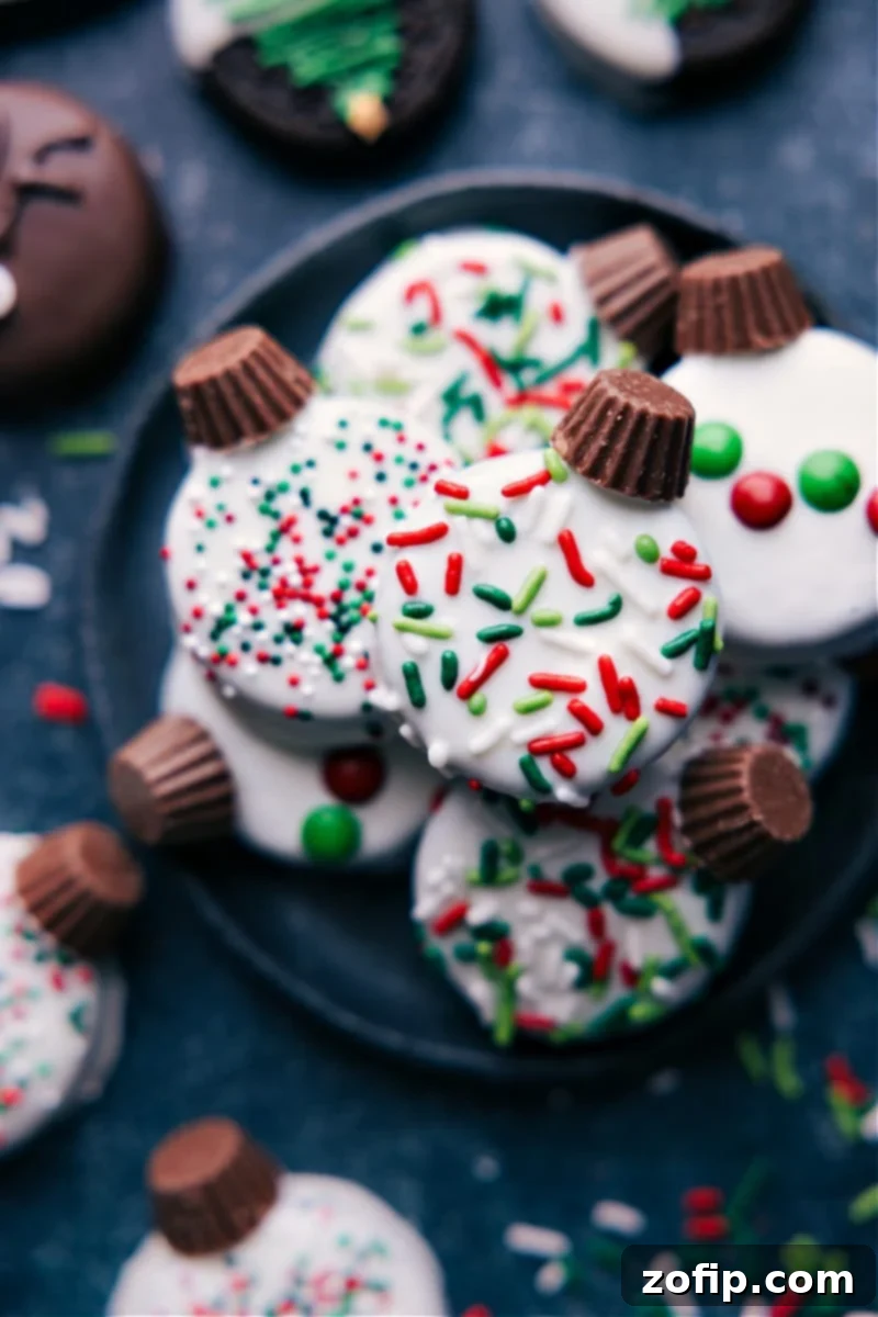 Up-close overhead image showcasing the intricate details of all four festive Christmas Oreo designs, ready to be enjoyed.