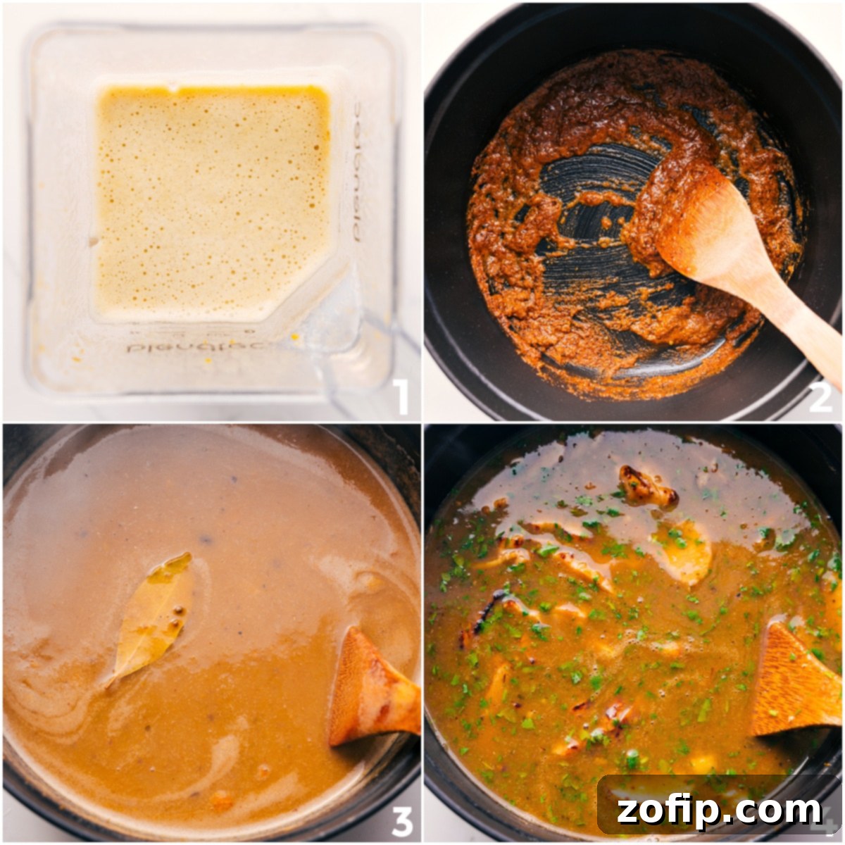 Blending chiles with chicken stock, then sautéing oil with flour and spices before combining everything to cook together into chicken pozole.