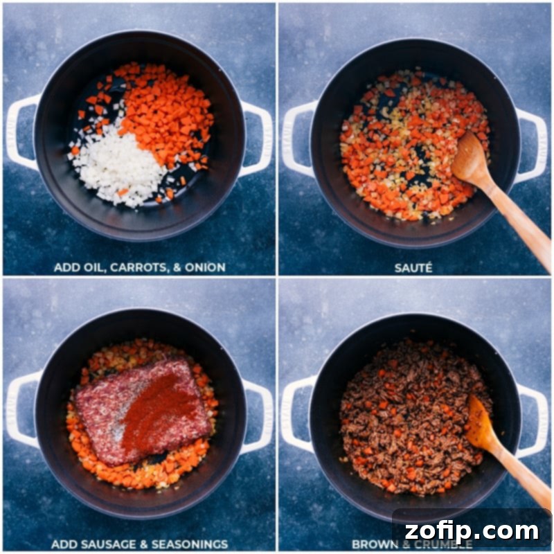 Process shots showing olive oil, diced onions, carrots, and ground Italian sausage being added to a large pot, sizzling gently.