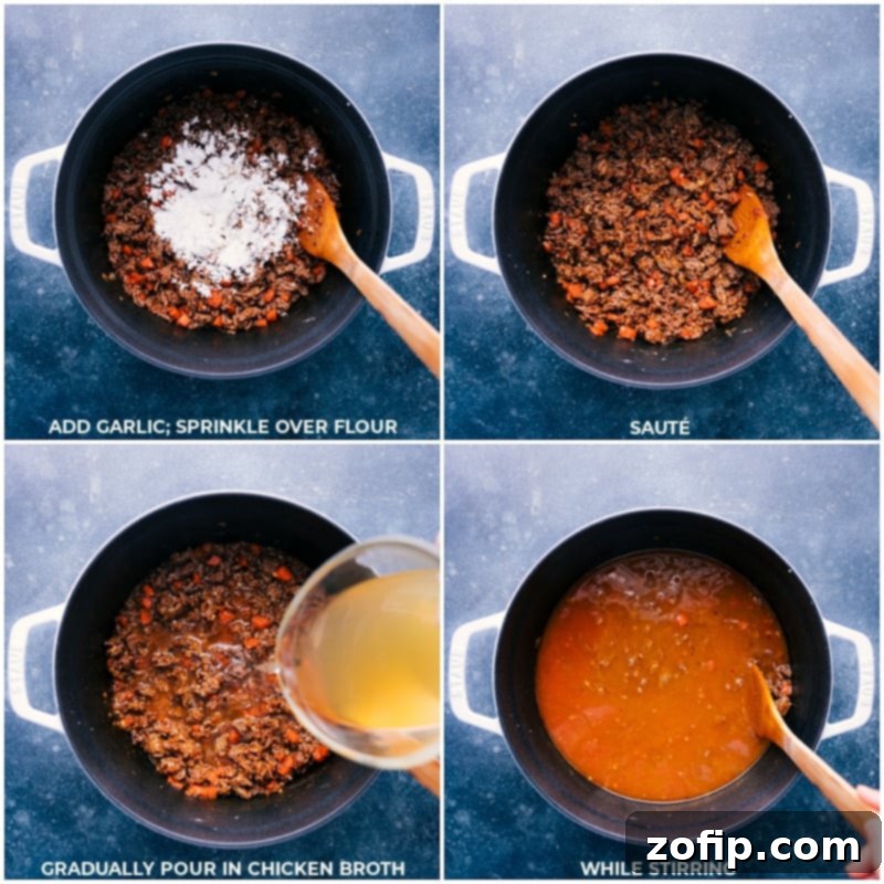 Process shots of Healthy Zuppa Toscana showing flour being sprinkled over the browned sausage and sautéed vegetables, followed by chicken broth being poured into the pot.
