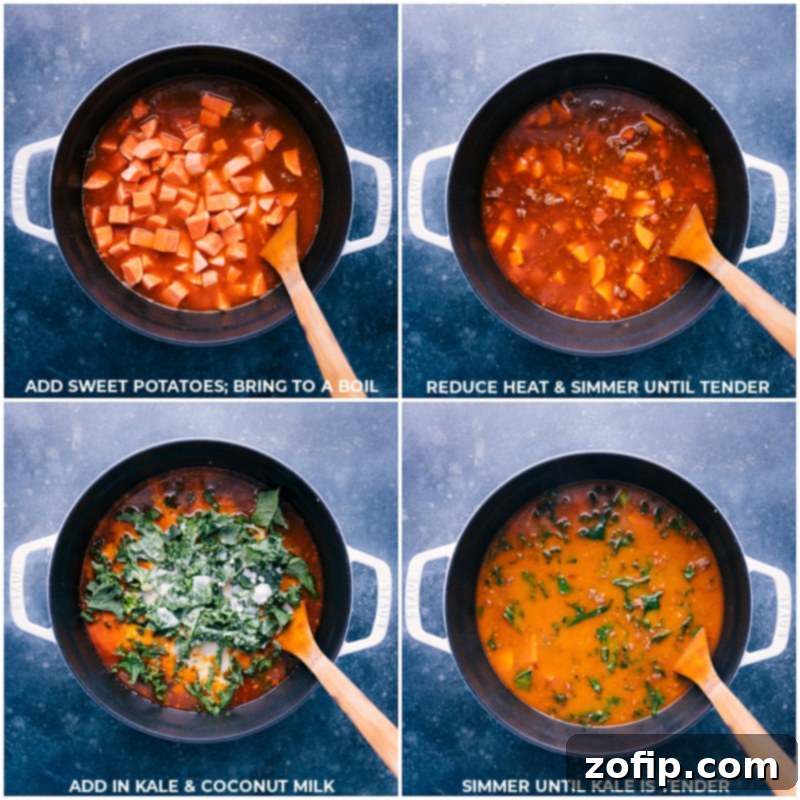 Process shots showing chopped sweet potatoes, shredded kale, and creamy coconut milk being added to the simmering Zuppa Toscana soup, creating a vibrant and rich mixture.