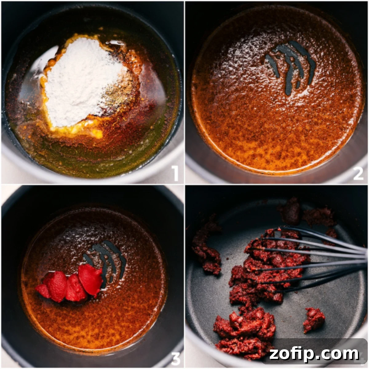 Preparing Homemade Enchilada Sauce The process of making enchilada sauce begins by whisking together aromatic seasonings, flour, and concentrated tomato paste in a pot.