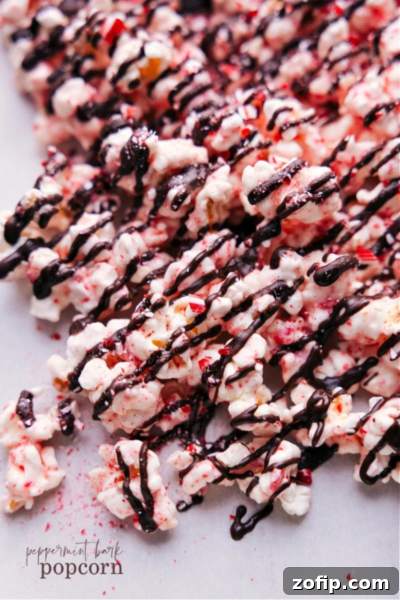 Overhead image of the festive Peppermint Popcorn snack ready to be enjoyed on a white platter