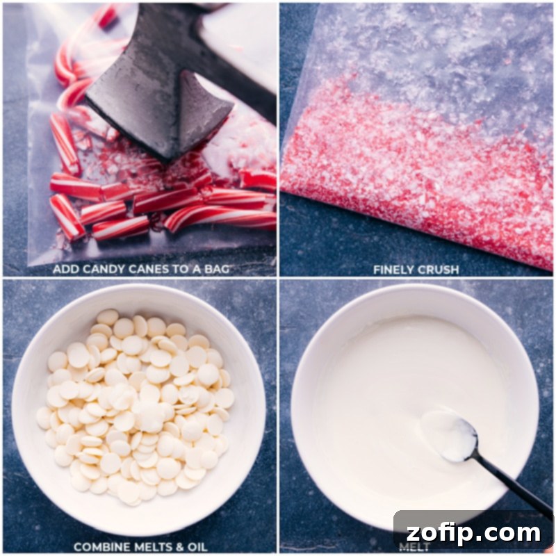 Process shots showing candy canes being crushed and white chocolate being melted for Peppermint Popcorn
