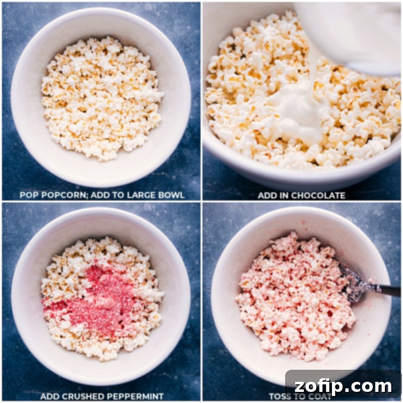 Process shots of white chocolate and crushed peppermint being added and mixed into the popcorn snack mix