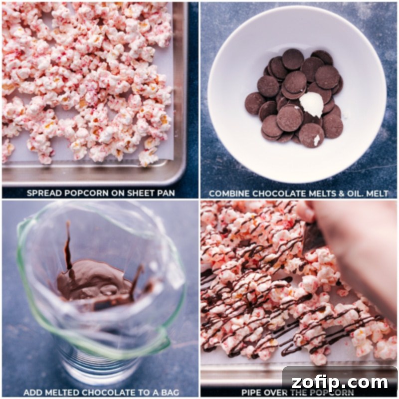Process shots showing Peppermint Popcorn being spread on a tray and dark chocolate being melted for drizzle