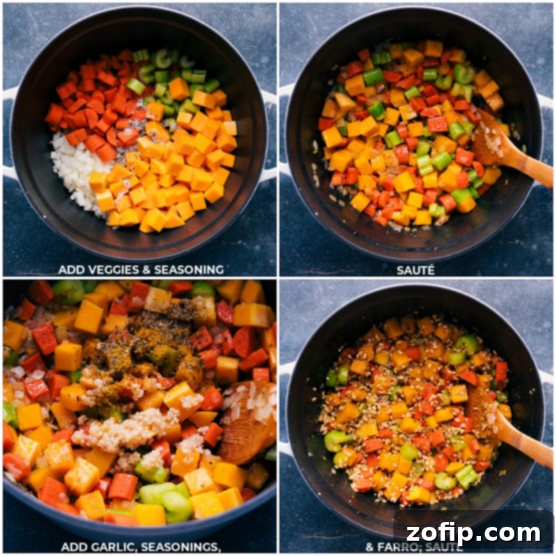 Barley Soup is loaded up with tons of veggies, a rich seasoned broth, and tender barley. It's incredibly delicious and you'll feel great eating it! Top your bowl with some fresh herbs and a sprinkle of Parmesan cheese-- and then grab some crusty bread for dunking! Recipe via chelseasmessyapron #dinner #quick #easy #simple #familfriendly #comfortfood #winterrecipes #barley #soup A sequence of process shots showing the initial steps of making Barley Soup: sautéing diced vegetables, adding aromatic spices, and incorporating pearled barley into a large pot.