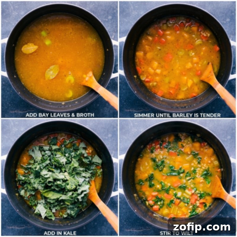 This nutritious and satiating one-pot Barley Soup is loaded up with tons of veggies, a rich seasoned broth, and tender barley. It's incredibly delicious and you'll feel great eating it! Recipe via chelseasmessyapron #dinner #quick #easy #simple #familfriendly #comfortfood #winterrecipes #barley #soup Process shots illustrating the final stages of making Barley Soup: adding bay leaves for depth, pouring in vegetable broth, and stirring in fresh kale for vibrancy.