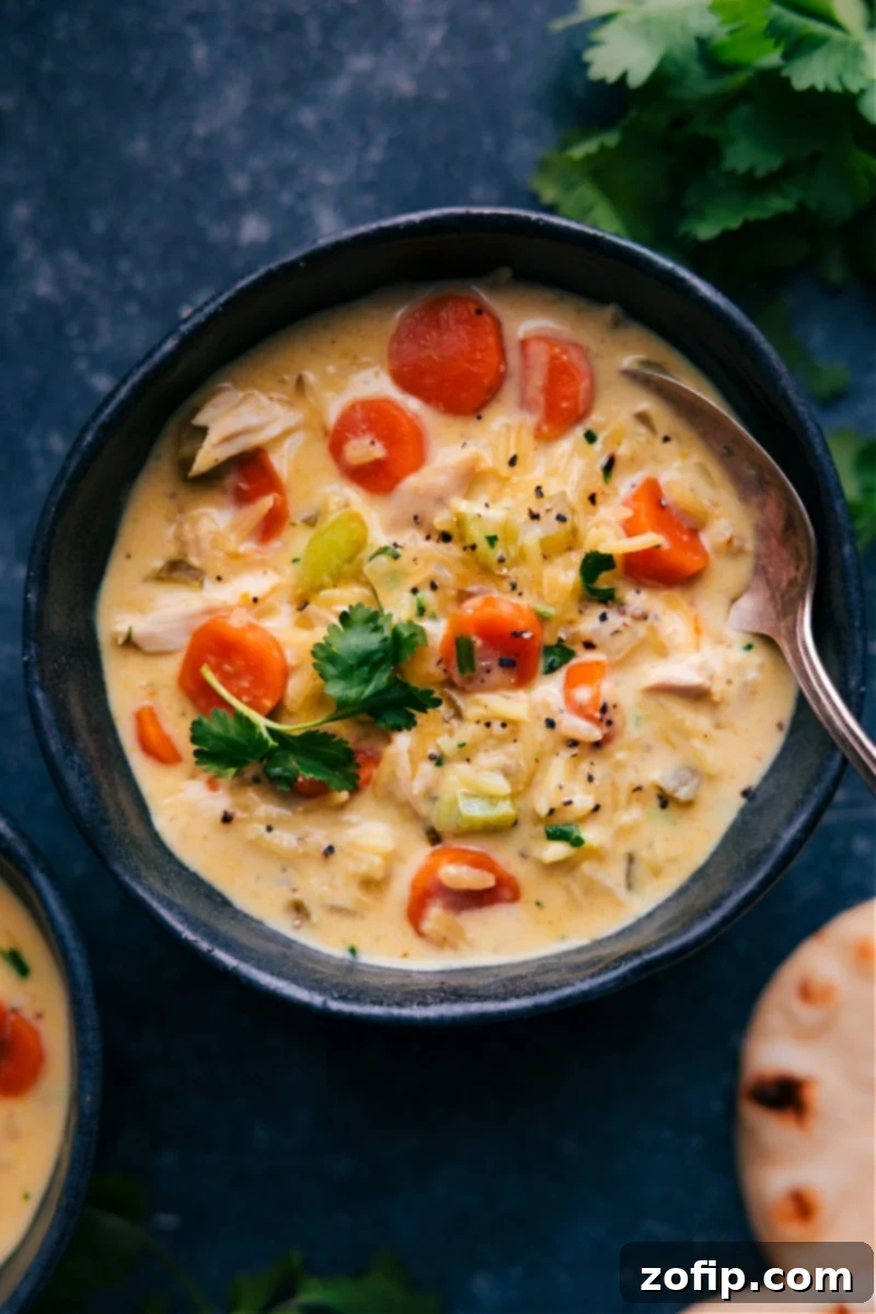 Indulge in the ultimate comfort: Chicken Curry Rice Soup. Featuring tender shredded chicken, perfectly cooked rice, sweet carrots, savory onion, and crisp celery, all bathed in a luscious, creamy, and deeply flavorful curry broth. This simple, healthy, and family-friendly recipe is guaranteed to become your go-to weeknight dinner, offering a taste experience far superior to any takeout. Overhead image of a generous bowl of Chicken Curry Rice Soup, garnished with fresh cilantro, showcasing its rich texture and vibrant colors.