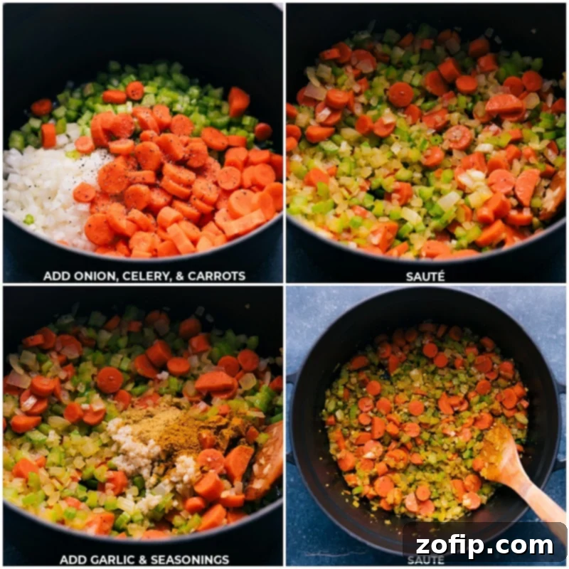 Craft a rich, creamy, and flavorful Chicken Curry Rice Soup with tender shredded chicken, rice, carrots, onion, and celery. This comforting, family-friendly dish is quick, easy, and healthy, promising a delightful dinner experience that will have everyone requesting second and third helpings. Detailed process shots showing diced onions, carrots, and celery sautéing in a pot with vibrant curry seasonings and aromatic garlic, building the foundational flavors of the soup.