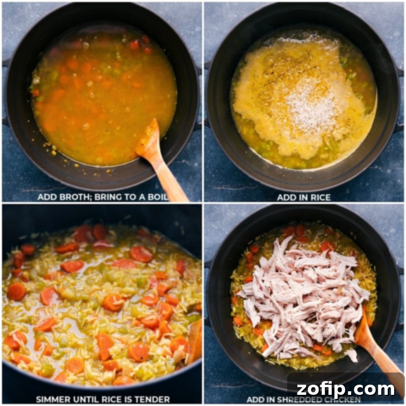 Experience the extraordinary flavor of Chicken Curry Rice Soup – a rich, creamy, and comforting dish that’s easy to make and perfect for cozying up with. This healthy, family-friendly meal features tender shredded chicken, rice, and fresh vegetables in a beautifully spiced base. Process shots of Chicken Curry Rice Soup in a large pot, showing the rich broth, uncooked rice, and shredded chicken being carefully combined and stirred.