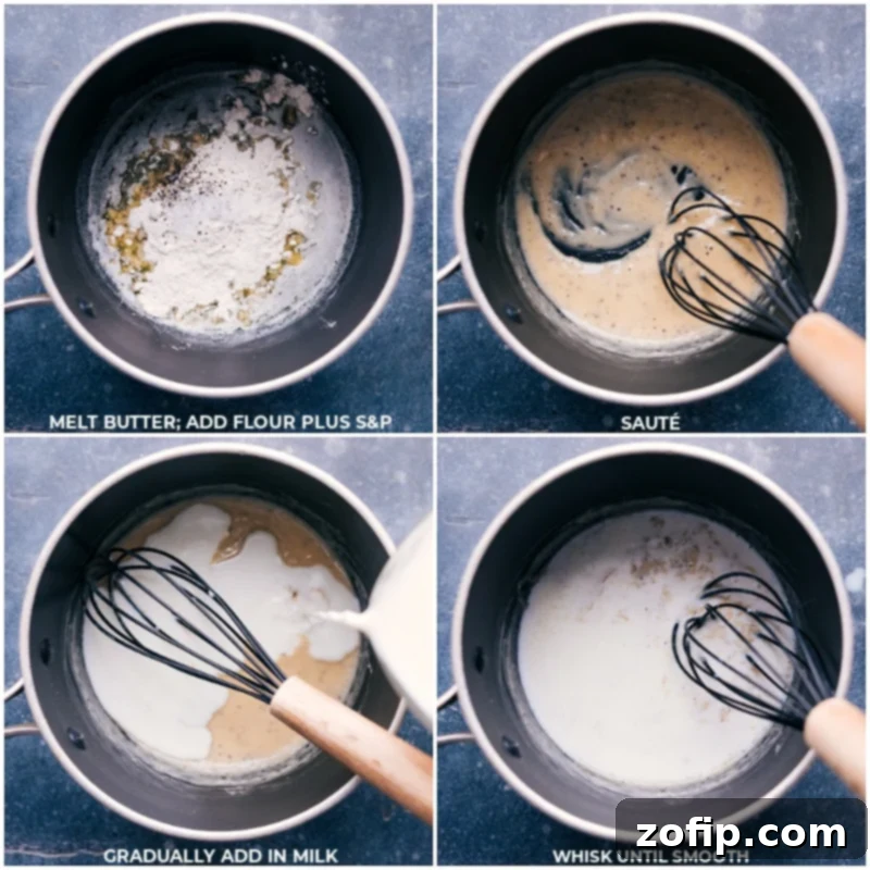 Discover the exquisite Chicken Curry Rice Soup, featuring tender shredded chicken, rice, carrots, onion, and celery, all simmering in a rich, creamy, and flavorful base. This comforting, easy-to-make, and healthy recipe will quickly become a favorite, ensuring you'll crave more with every spoonful. Process shots demonstrating the creation of the creamy sauce for Chicken Curry Rice Soup, showing butter melting, flour being whisked in to form a roux, and milk being gradually incorporated.