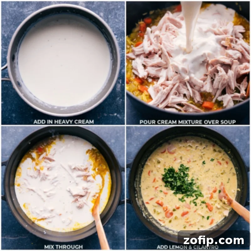 The ultimate comfort food: Chicken Curry Rice Soup. Enjoy tender shredded chicken, rice, carrots, onion, and celery simmered in a rich, creamy, and flavorful broth. This quick, easy, and healthy family-friendly recipe is a must-try for a cozy dinner. A close-up process shot of Chicken Curry Rice Soup, with the creamy sauce being gently poured into the pot, ready to be stirred into the savory chicken and rice mixture.