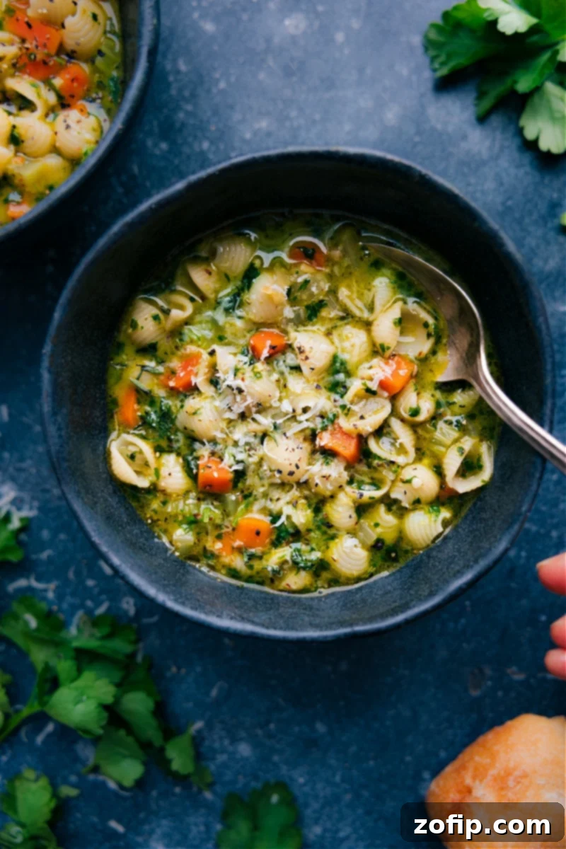 Cozy up with this comforting and incredibly flavorful Vegetable Pasta Soup, enriched with a unique parsley, oil, and almond infusion. Overhead image of the Vegetable Pasta Soup, showcasing a vibrant mix of vegetables and pasta in a rich broth.