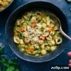 Herbed Vegetable Pasta Soup 3 Close-up of a bowl of Vegetable Pasta Soup, garnished with fresh herbs and Parmesan.